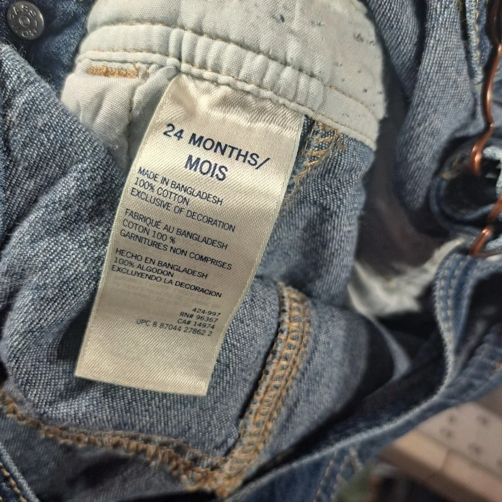 OshKosh B'gosh Blue Denim Carpenter Overalls 24 Months Yellow Logo Patch Casual